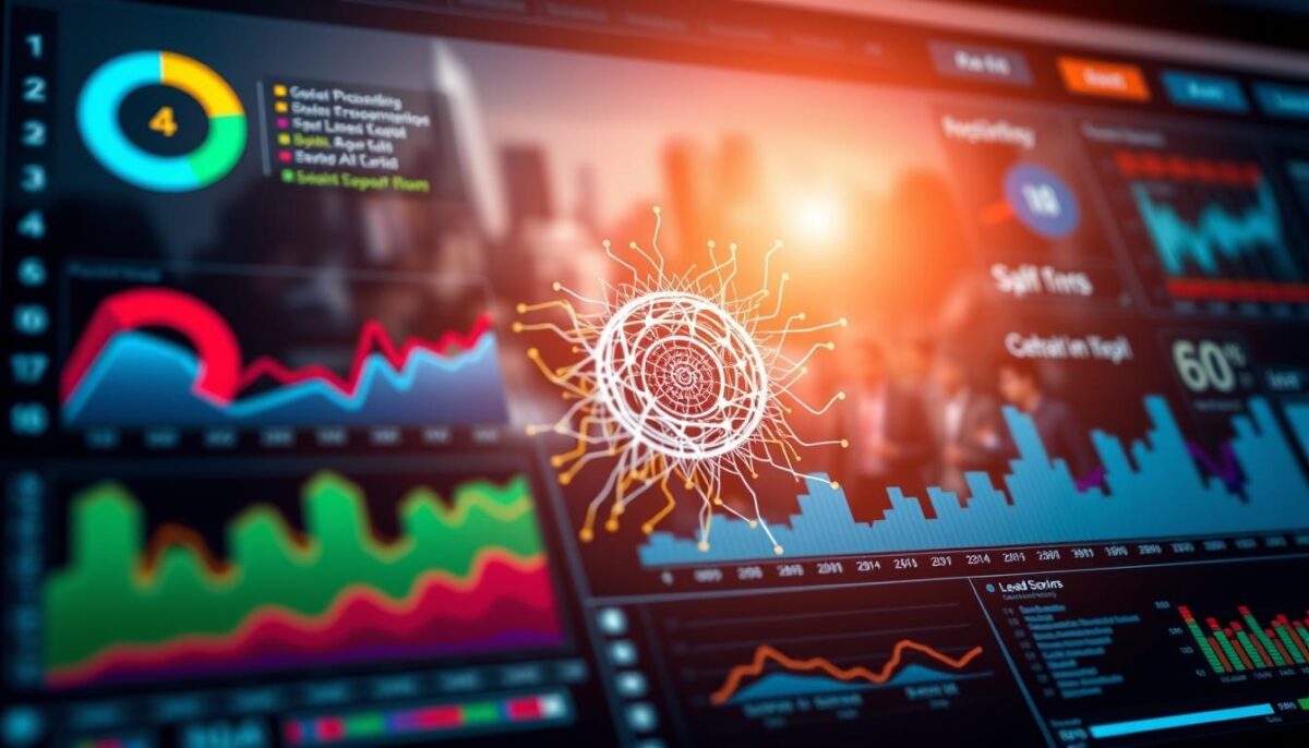 A close-up shot of a data visualization dashboard, showcasing a sophisticated lead scoring AI system. In the foreground, a series of dynamic charts and graphs illustrate the key performance metrics, with vibrant colors and sleek, modern design. The middle ground features a central decision-making engine, its inner workings depicted as a intricate neural network, pulsing with energy. In the background, a blurred cityscape suggests a thriving business environment, hinting at the real-world impact of this intelligent lead scoring solution. The lighting is soft and directional, creating depth and emphasizing the advanced technological nature of the scene. The overall mood is one of efficiency, innovation, and data-driven success.