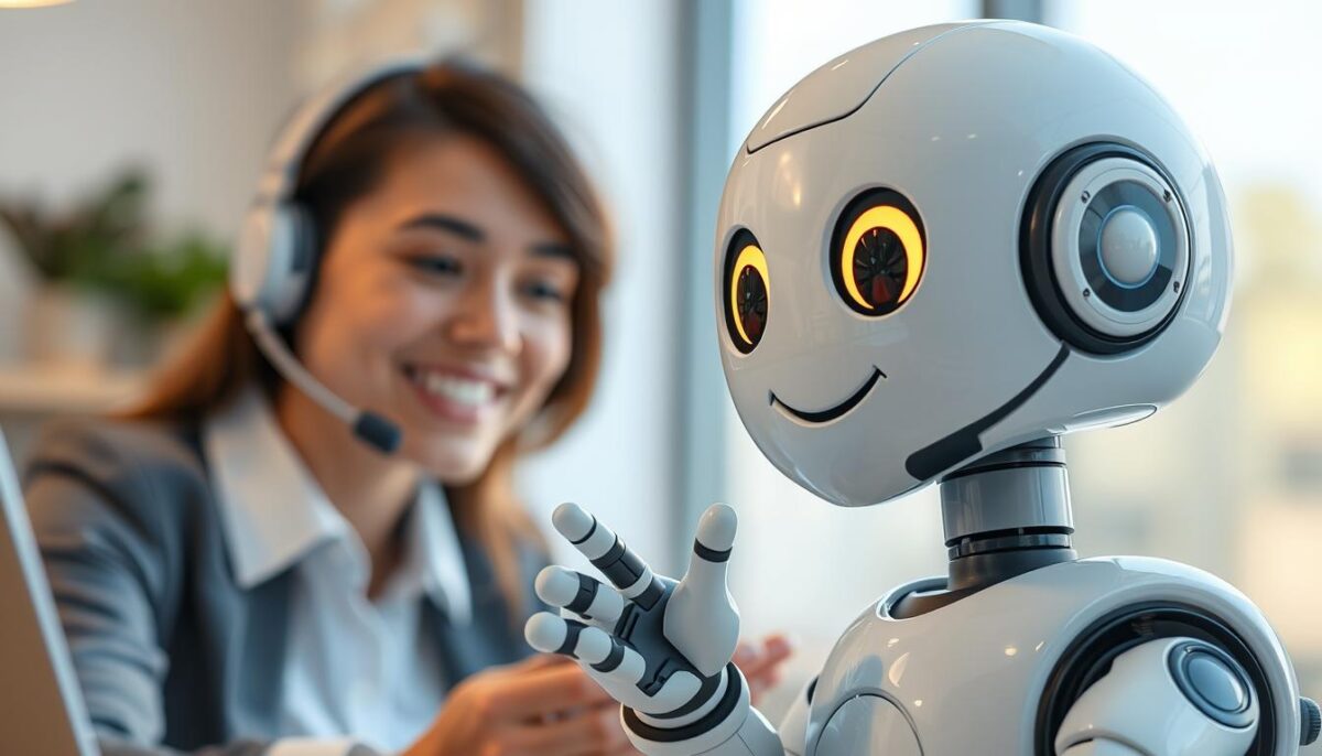 A close-up view of a friendly, animated chatbot interacting with a customer service agent. The chatbot has a warm, inviting expression and gestures expressively, conveying a sense of helpful and attentive service. The customer service agent appears relaxed and engaged, reflecting the efficient and personalized nature of the AI-powered interaction. The background is softly blurred, keeping the focus on the central characters. Bright, natural lighting illuminates the scene, creating a welcoming and professional atmosphere. The overall mood is one of seamless, human-centric service facilitated by advanced conversational AI technology.