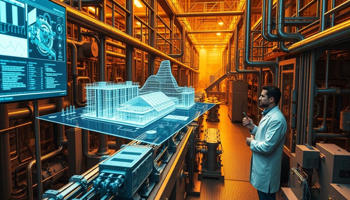 A complex industrial factory scene, with a focus on digital twins showcasing the future of real-time monitoring and control. In the foreground, a detailed 3D model of a production line hovers above the physical equipment, its virtual counterpart displayed on a large holographic screen. The middle ground depicts engineers in white coats closely examining data visualizations, making adjustments to the digital twin in real-time. In the background, a maze of pipes, gears, and conveyor belts illustrate the inner workings of the factory, bathed in a warm, amber-tinted lighting that creates a sense of technological sophistication. The overall atmosphere conveys the challenges and potential of adopting digital twin technology to optimize industrial processes.