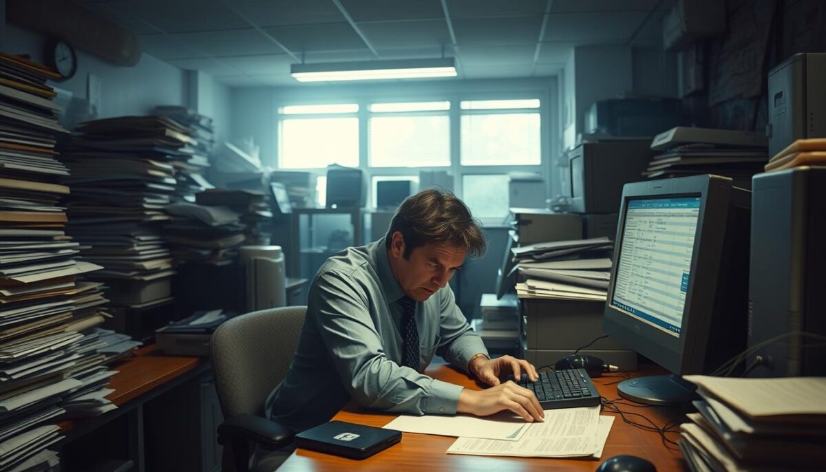 A dimly lit office environment, cluttered with stacks of paperwork, outdated desktop computers, and overflowing filing cabinets. In the foreground, a frustrated office worker hunched over a desk, manually inputting data into a spreadsheet, their expression one of exasperation. The room is bathed in a harsh, fluorescent lighting, casting harsh shadows and emphasizing the monotony of the task at hand. The background is hazy, with a sense of claustrophobia and a lack of windows, conveying the isolation and confinement of the manual data entry process. The overall atmosphere is one of inefficiency, wasted time, and a need for modernization in the workplace.