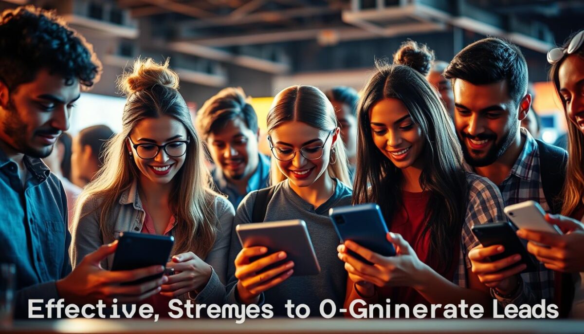 A dynamic group of diverse young people engaged in social media activities, captured in a vibrant, cinematic composition. The foreground features individuals intently focused on their digital devices, their facial expressions reflecting deep concentration. The middle ground showcases a mix of gestures and interactions, conveying a sense of collaboration and engagement. The background maintains a stylized, blurred effect, creating a sense of depth and emphasis on the central figures. Warm, directional lighting illuminates the scene, casting subtle shadows and highlights that accentuate the subjects' features and movements. The overall atmosphere exudes a modern, energetic, and visually striking ambiance suitable for illustrating the "Effective Strategies to Generate Leads" section.