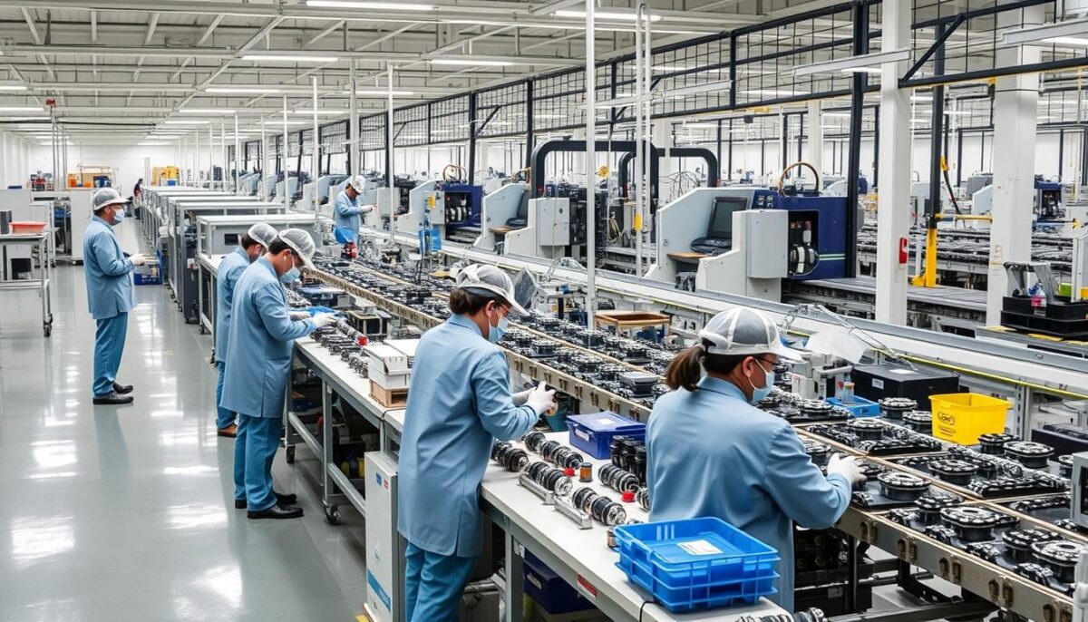 A factory floor with workers performing quality control inspections on industrial products. Bright, evenly-lit environment with a clean, organized layout. Employees meticulously examining items on workbenches under the watchful eye of a supervisor. Machines and conveyor belts in the background, producing a steady stream of output. A sense of precision, efficiency and attention to detail pervades the scene. The workers wear protective gear and follow standardized procedures, demonstrating the importance of quality management in the manufacturing process. An atmosphere of diligence and professionalism as they strive to minimize defects and maintain high production standards.