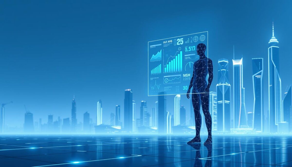 A futuristic, minimalist digital marketing landscape. In the foreground, a stylized human figure composed of geometric shapes and digital patterns, symbolizing the integration of technology and marketing. The middle ground features a floating, holographic display showcasing various marketing analytics and digital metrics. In the background, a sleek, metallic cityscape with towering skyscrapers and glowing neon accents, hinting at the technological advancements that power modern marketing strategies. The scene is illuminated by a cool, blue-tinted lighting, creating a sense of innovation and progress. The overall atmosphere conveys the transformative impact of artificial intelligence on the evolving field of digital marketing. A futuristic, minimalist digital marketing landscape. In the foreground, a stylized human figure composed of geometric shapes and digital patterns, symbolizing the integration of technology and marketing. The middle ground features a floating, holographic display showcasing various marketing analytics and digital metrics. In the background, a sleek, metallic cityscape with towering skyscrapers and glowing neon accents, hinting at the technological advancements that power modern marketing strategies. The scene is illuminated by a cool, blue-tinted lighting, creating a sense of innovation and progress. The overall atmosphere conveys the transformative impact of artificial intelligence on the evolving field of digital marketing.