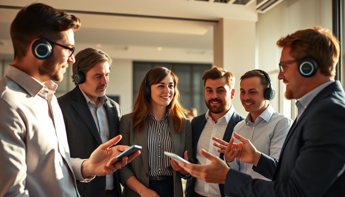 A group of Belgian sales professionals, each equipped with advanced AI-powered assistants, engaged in focused discussions. The scene is set in a modern, minimalist office environment, bathed in warm, natural lighting that highlights their collaborative interactions. The sales reps, dressed in a mix of formal and casual attire, are gesturing animatedly as they review sales data and strategize on their next steps, their AI companions providing real-time insights and recommendations. The atmosphere conveys a sense of efficiency, technology-enabled productivity, and a confident, forward-thinking approach to their work. A group of Belgian sales professionals, each equipped with advanced AI-powered assistants, engaged in focused discussions. The scene is set in a modern, minimalist office environment, bathed in warm, natural lighting that highlights their collaborative interactions. The sales reps, dressed in a mix of formal and casual attire, are gesturing animatedly as they review sales data and strategize on their next steps, their AI companions providing real-time insights and recommendations. The atmosphere conveys a sense of efficiency, technology-enabled productivity, and a confident, forward-thinking approach to their work.