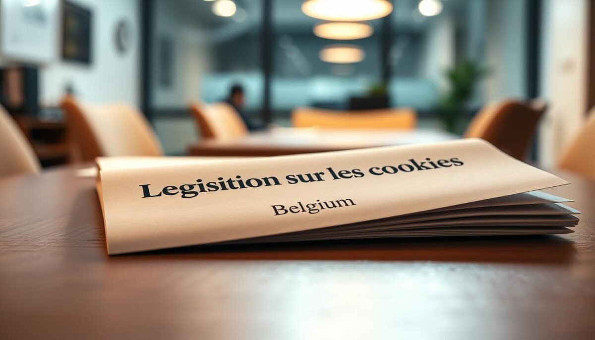 A legislative document resting on a wooden table, illuminated by warm, diffused lighting. In the foreground, the cover page displays &amp;amp;quot;Législation sur les cookies Belgique&amp;amp;quot; in a clear, legible font. The document's pages are neatly arranged, hinting at the detailed regulations and guidelines within. The background features a subtle, out-of-focus office environment, suggesting the professional context in which this legislation is being considered. The overall mood is one of authority, clarity, and attention to detail, reflecting the importance of understanding cookie-related laws in Belgium.