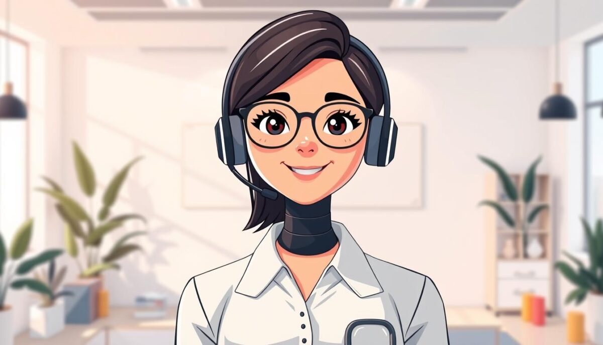 A modern and minimalist illustration of a friendly and approachable AI customer service agent, standing in a bright and welcoming office environment. The agent, with a warm and inviting expression, is dressed in smart casual attire and positioned in the foreground, ready to assist customers. The background features clean lines, neutral colors, and subtle decorative elements that create a professional yet approachable atmosphere. Soft, directional lighting from the side emphasizes the agent's features and creates a sense of depth and dimension. The overall tone is one of efficiency, reliability, and a positive customer experience.