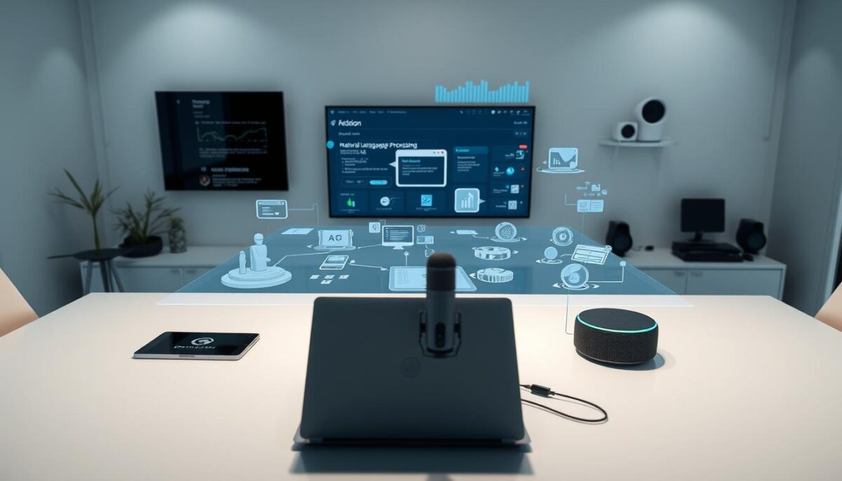 A modern, minimalist workspace showcasing the tools of conversational AI. In the foreground, a sleek laptop and a high-end microphone sit atop a clean, white desk, surrounded by a subtle array of other AI-powered devices such as a tablet and a smart speaker. The middle ground features a large, holographic display projecting stylized visualizations of natural language processing algorithms and chatbot interfaces. In the background, a wall-mounted monitor displays real-time analytics and performance metrics, casting a soft, ambient glow across the scene. The overall atmosphere conveys a sense of technological sophistication and the seamless integration of conversational AI into the modern work environment. A modern, minimalist workspace showcasing the tools of conversational AI. In the foreground, a sleek laptop and a high-end microphone sit atop a clean, white desk, surrounded by a subtle array of other AI-powered devices such as a tablet and a smart speaker. The middle ground features a large, holographic display projecting stylized visualizations of natural language processing algorithms and chatbot interfaces. In the background, a wall-mounted monitor displays real-time analytics and performance metrics, casting a soft, ambient glow across the scene. The overall atmosphere conveys a sense of technological sophistication and the seamless integration of conversational AI into the modern work environment.