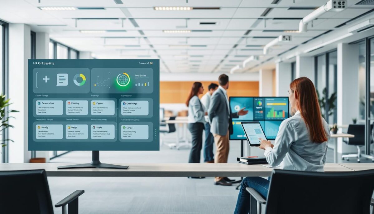 A modern office setting, showcasing the automation of HR onboarding processes. In the foreground, a stylized digital dashboard displays workflow visualizations and progress indicators, reflecting the streamlined coordination of employee documentation, payroll setup, and onboarding tasks. The middle ground features a team of HR professionals collaborating around a large, interactive touchscreen, seamlessly guiding new hires through the onboarding journey. In the background, a clean, minimalist workspace with ergonomic furniture and abundant natural light, creating a calming, productive atmosphere. The overall scene conveys the efficiency, organization, and employee-centric focus of an automated HR onboarding system. A modern office setting, showcasing the automation of HR onboarding processes. In the foreground, a stylized digital dashboard displays workflow visualizations and progress indicators, reflecting the streamlined coordination of employee documentation, payroll setup, and onboarding tasks. The middle ground features a team of HR professionals collaborating around a large, interactive touchscreen, seamlessly guiding new hires through the onboarding journey. In the background, a clean, minimalist workspace with ergonomic furniture and abundant natural light, creating a calming, productive atmosphere. The overall scene conveys the efficiency, organization, and employee-centric focus of an automated HR onboarding system.