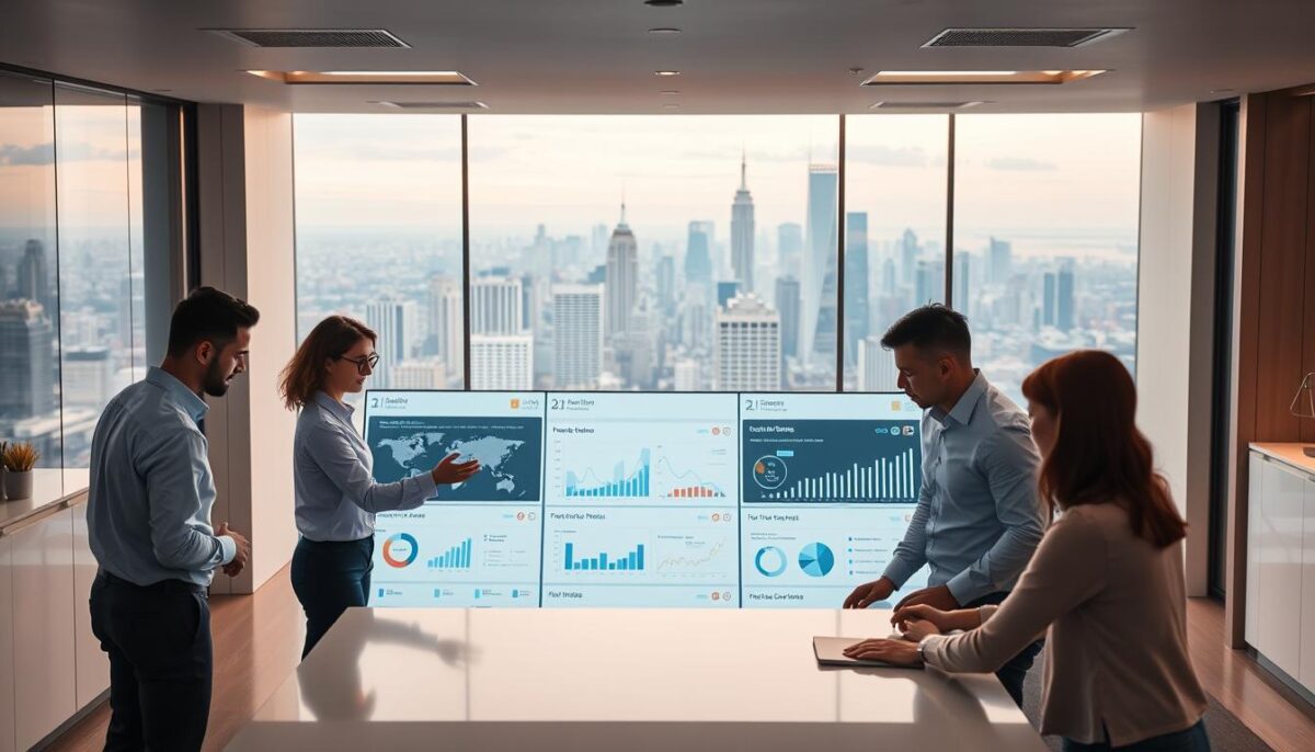 A modern office space with a sleek, minimalist design. In the foreground, a team of professionals collaborating around a large, interactive display, discussing and visualizing AI-powered workflows. The middle ground features a series of intuitive dashboards and analytics visualizations, showcasing key performance metrics and data-driven insights. In the background, a panoramic view of a bustling city skyline, symbolizing the scale and impact of the AI implementation. Soft, warm lighting illuminates the scene, creating a sense of focus and productivity. The overall atmosphere conveys a seamless integration of human expertise and intelligent technology, driving innovation and success. A modern office space with a sleek, minimalist design. In the foreground, a team of professionals collaborating around a large, interactive display, discussing and visualizing AI-powered workflows. The middle ground features a series of intuitive dashboards and analytics visualizations, showcasing key performance metrics and data-driven insights. In the background, a panoramic view of a bustling city skyline, symbolizing the scale and impact of the AI implementation. Soft, warm lighting illuminates the scene, creating a sense of focus and productivity. The overall atmosphere conveys a seamless integration of human expertise and intelligent technology, driving innovation and success.