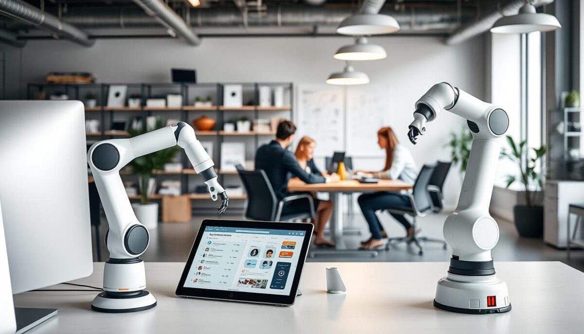 A modern, well-lit office workspace showcasing an array of automation tools for small and medium-sized businesses. In the foreground, a sleek desktop computer, a programmable robot arm, and a tablet displaying workflow automation software. In the middle ground, a team collaborating around a conference table, using voice assistants and digital task boards. In the background, shelves stocked with productivity-enhancing gadgets and devices. The scene conveys a sense of efficiency, innovation, and streamlined operations, capturing the essence of "Outils d'automatisation à considérer" for SMEs.