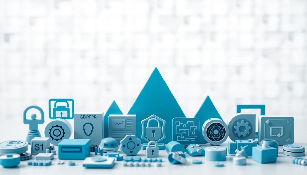 A neatly arranged assortment of GDPR compliance tools, depicted in a clean, minimalist style. In the foreground, various software icons and symbols representing data privacy, security, and automation. In the middle ground, abstract geometric shapes in muted tones of blue, gray, and green, creating a sense of organization and structure. The background features a blurred, out-of-focus pattern, suggesting a professional, corporate setting. The lighting is soft and diffused, creating a calm, authoritative atmosphere. The overall composition conveys the idea of a comprehensive suite of solutions for streamlining GDPR compliance.