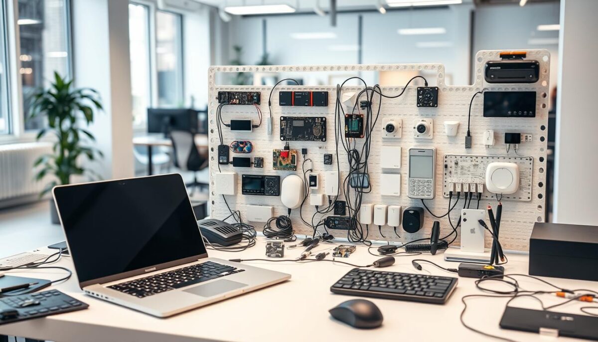 A neatly organized workspace filled with an array of automation tools. In the foreground, a sleek, metallic laptop sits atop a minimalist desk, surrounded by a variety of ergonomic keyboards, mice, and stylus pens. In the middle ground, various smart home devices, automation controllers, and IoT sensors are arranged in an orderly fashion, connected by a web of wires and cables. The background is a bright, airy office space, with large windows letting in natural light and complemented by subtle, ambient lighting. The overall atmosphere is one of efficiency, innovation, and a seamless integration of technology into the workflow.