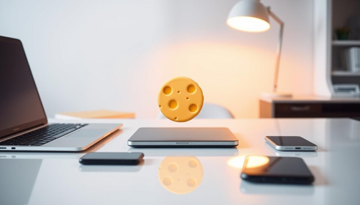 A pristine white office desktop with a laptop, tablet, and smartphone arranged neatly. In the center, a stylized cookie icon representing web browser cookies, bathed in warm, diffused lighting. The desktop surface reflects the icon, creating a sense of depth. Behind, a neutral, blurred background suggests a modern, professional setting. The overall mood is one of order, control, and compliance, perfectly suited to illustrate the &amp;amp;quot;Solutions for Ensuring Cookie Compliance&amp;amp;quot; section of the article.
