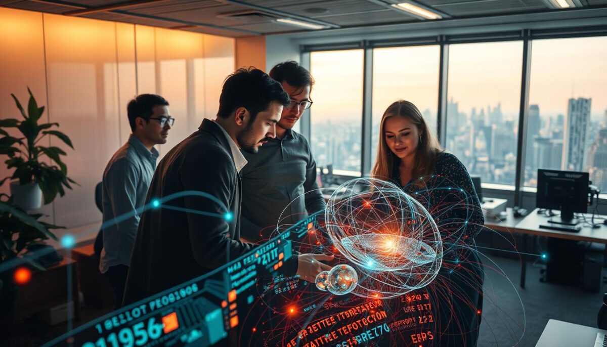 A serene office space, bathed in warm, soft lighting, where a team of engineers and designers huddle over a holographic display, their faces alight with focused concentration. In the foreground, a complex web of code and data visualizations swirl and intertwine, representing the intricate challenges of AI integration. The middle ground depicts a tangle of wires, circuits, and devices, symbolizing the technical complexities. In the background, a panoramic window offers a view of a bustling city skyline, a reminder of the broader context and the high-stakes nature of this endeavor. The overall atmosphere conveys a sense of dedicated problem-solving, innovation, and the weight of responsibility in shaping the future of human-AI interaction.