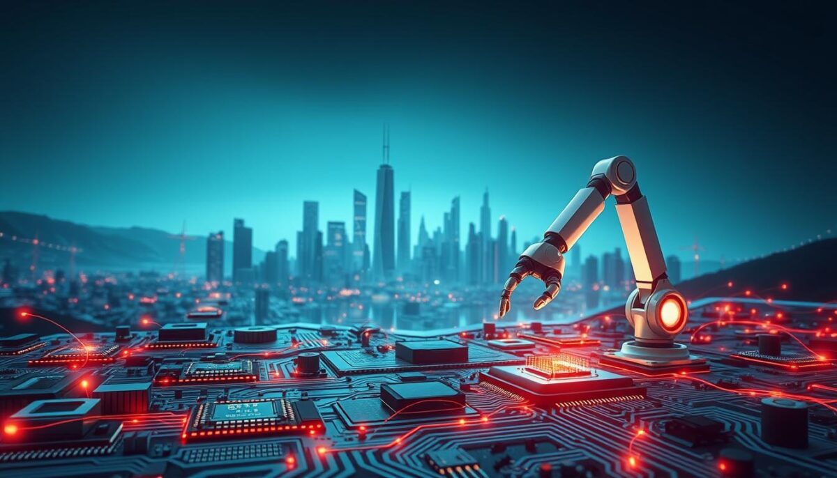 A sleek, high-tech landscape showcasing the power of AI technology. In the foreground, a network of interconnected circuits and microchips pulsing with dynamic energy, symbolizing the complex infrastructure that enables intelligent automation. In the middle ground, a robotic arm gracefully manipulates intricate components, its movements precise and fluid, a testament to the precision and efficiency of AI-driven systems. The background features a stylized cityscape, its towering skyscrapers and futuristic architecture casting an imposing, yet innovative silhouette, hinting at the transformative potential of AI integration across industries. The scene is bathed in a cool, futuristic lighting, creating an atmosphere of cutting-edge progress and technological advancement. A sleek, high-tech landscape showcasing the power of AI technology. In the foreground, a network of interconnected circuits and microchips pulsing with dynamic energy, symbolizing the complex infrastructure that enables intelligent automation. In the middle ground, a robotic arm gracefully manipulates intricate components, its movements precise and fluid, a testament to the precision and efficiency of AI-driven systems. The background features a stylized cityscape, its towering skyscrapers and futuristic architecture casting an imposing, yet innovative silhouette, hinting at the transformative potential of AI integration across industries. The scene is bathed in a cool, futuristic lighting, creating an atmosphere of cutting-edge progress and technological advancement.