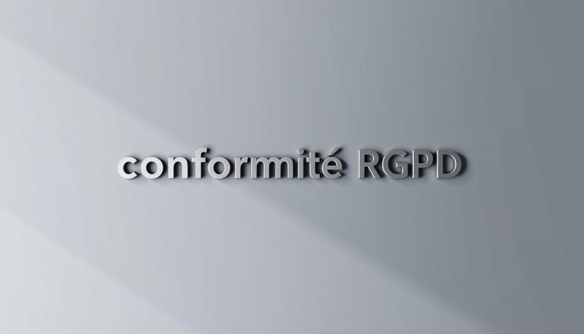 A sleek, minimalist composition showcasing the "conformité RGPD" text against a muted background. The text should be rendered in a clean, sans-serif font, with a subtle metallic sheen or embossed texture, conveying an official, regulatory aesthetic. The lighting should be soft and directional, casting gentle shadows that add depth and dimensionality to the design. The overall mood should be one of professionalism, compliance, and attention to detail - reflecting the challenges of adhering to GDPR regulations. The composition should be carefully balanced, with the text occupying a central, prominent position, surrounded by ample negative space to create a sense of importance and gravity.