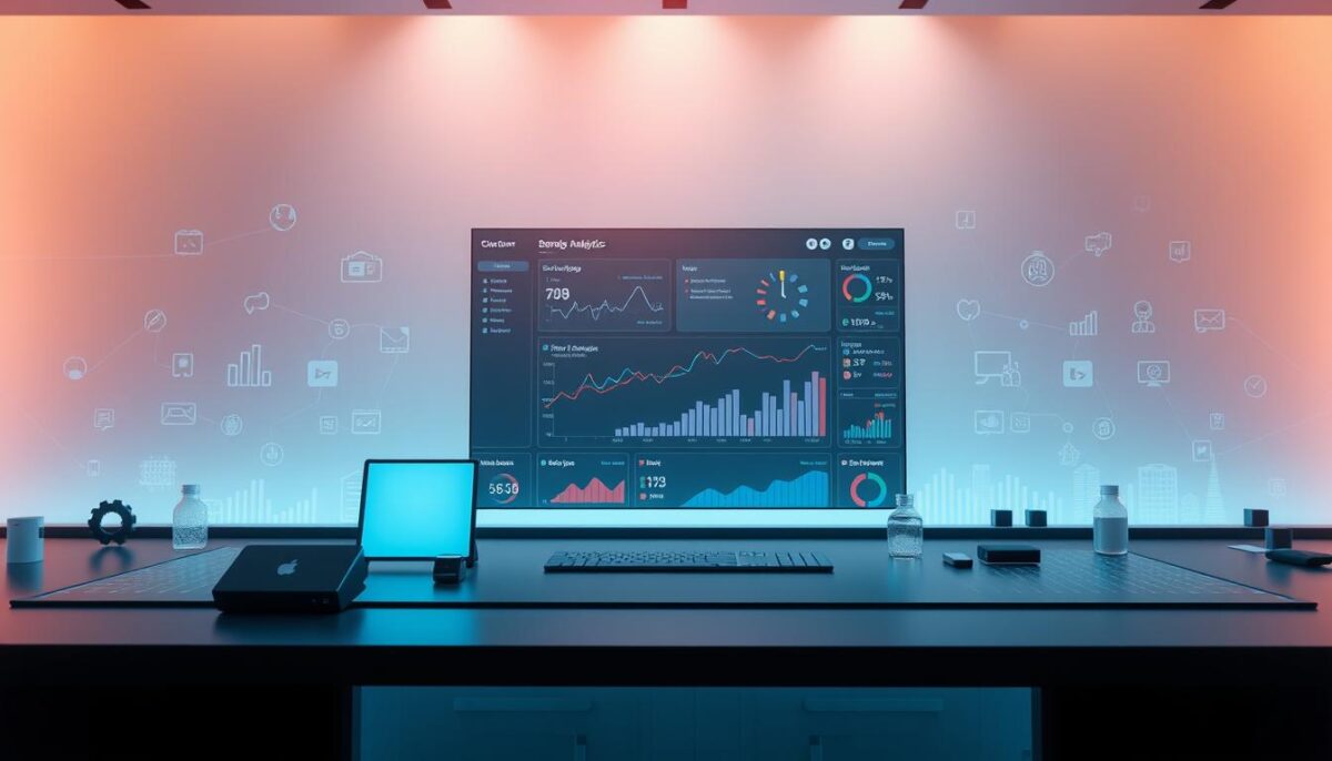 A sleek, minimalist platform with a clean, unified interface. The foreground features various digital icons and data visualizations, conveying a sense of seamless integration and analytics. The middle ground showcases a large, central dashboard displaying key metrics and insights, all presented in a crisp, high-contrast manner. The background depicts a soft, gradient-filled environment, evoking a sense of technological sophistication and innovation. Subtle lighting casts a warm, ambient glow, creating a professional and inviting atmosphere. The overall composition exudes a tone of efficiency, clarity, and the power of a unified, data-driven platform.