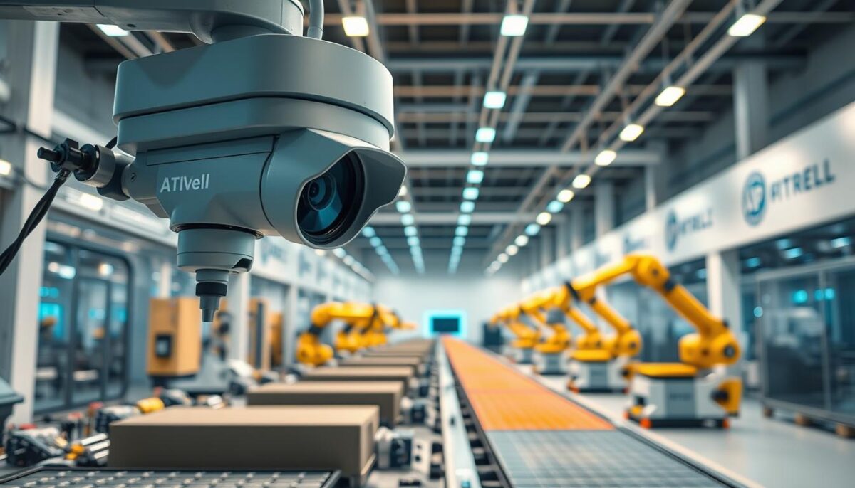 A sleek, modern industrial setting with a focus on a state-of-the-art AI-powered machine vision system in operation. The foreground showcases a high-resolution camera array meticulously monitoring a production line, its lenses and sensors capturing every detail with precision. In the middle ground, a series of robotic arms seamlessly integrate the vision system, swiftly identifying and sorting various components. The background features a clean, well-lit factory floor with minimalist architecture and subtle branding, conveying a sense of efficiency and technological innovation. Subtle blue and white lighting creates a futuristic, yet practical atmosphere, highlighting the synergy between human expertise and AI-driven quality control.