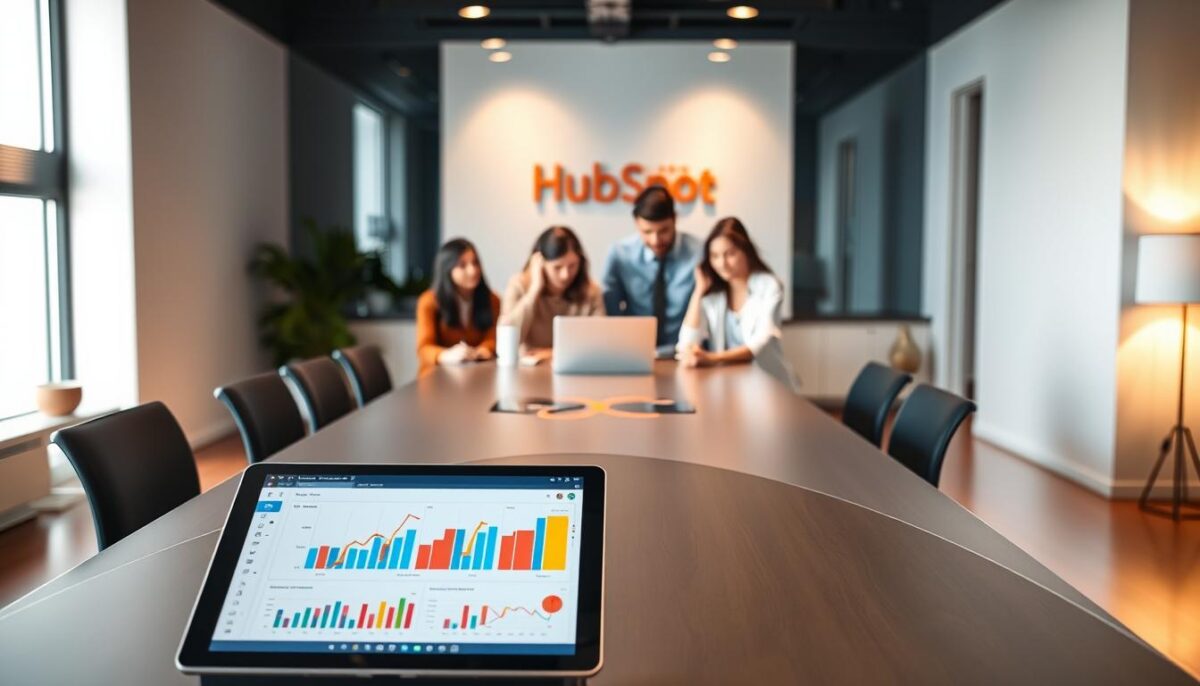 A sleek, modern office interior with a large, curved desk prominently featuring the HubSpot logo. In the foreground, a tablet displays a lead scoring dashboard with colorful graphs and charts, showcasing the power of HubSpot's AI-driven lead scoring capabilities. The middle ground features a team of professionals intently studying the data, their expressions reflecting deep concentration and engagement. The background is softly lit, creating a warm and professional atmosphere, with minimalist decor and clean lines accentuating the technological focus of the scene.
