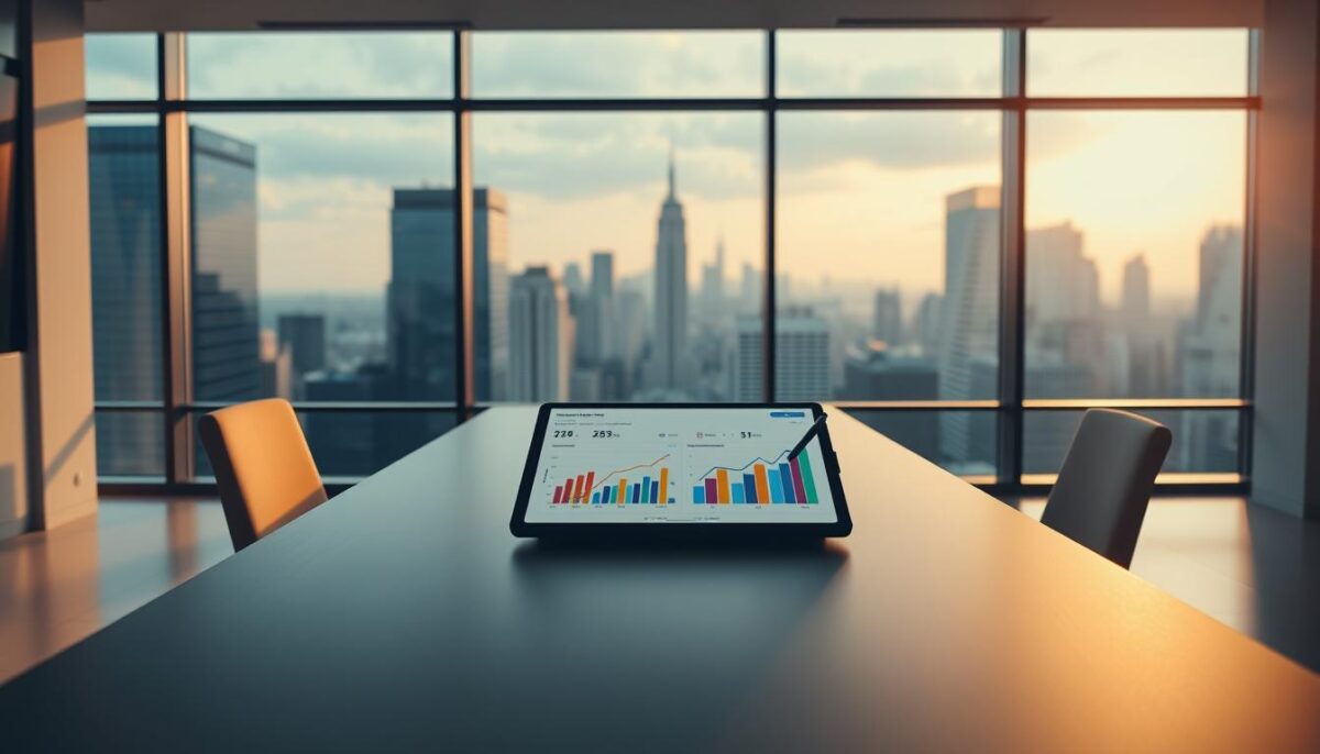 A sleek, modern office interior with a large desk and chair in the foreground. On the desk, a tablet and stylus are prominently displayed, showcasing a predictive analytics dashboard with colorful graphs and charts. The background features large windows overlooking a bustling city skyline, bathed in warm, natural lighting. The room has a minimalist, sophisticated design with clean lines and muted tones, creating a professional and technologically-advanced atmosphere. The overall scene conveys the power of AI-driven sales analytics to transform the sales process, driving efficiency and data-driven decision-making. A sleek, modern office interior with a large desk and chair in the foreground. On the desk, a tablet and stylus are prominently displayed, showcasing a predictive analytics dashboard with colorful graphs and charts. The background features large windows overlooking a bustling city skyline, bathed in warm, natural lighting. The room has a minimalist, sophisticated design with clean lines and muted tones, creating a professional and technologically-advanced atmosphere. The overall scene conveys the power of AI-driven sales analytics to transform the sales process, driving efficiency and data-driven decision-making.