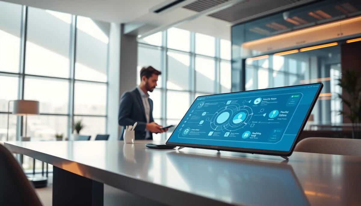 A sleek, modern office setting with a focus on an interactive conversational AI assistant. In the foreground, a sophisticated, minimalist desk with a high-resolution display showcasing the AI interface. Elegant lighting casts a warm glow, creating a productive and collaborative atmosphere. In the middle ground, a person interacting with the system, their face animated with curiosity and engagement. The background features stylish, geometric architecture with large windows, allowing natural light to flow in. The overall scene conveys the seamless integration of cutting-edge technology and human-centered design, embodying the power of conversational AI to enhance productivity and problem-solving.