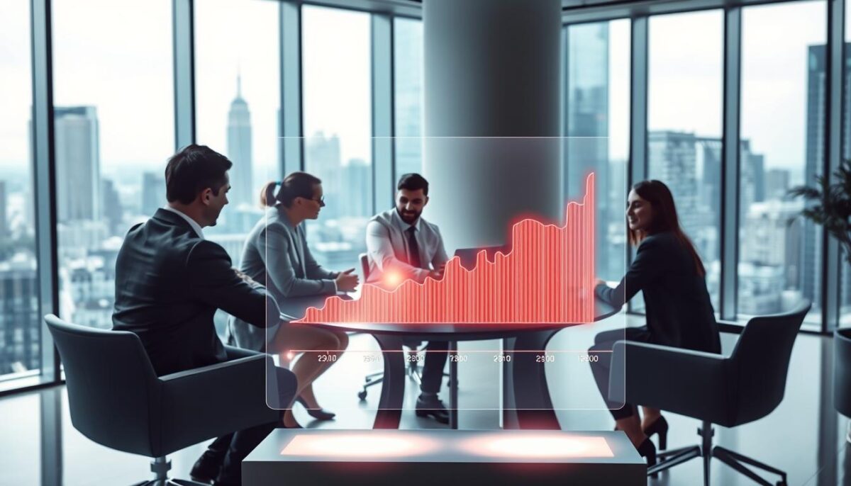 A sleek, modern office setting with a focus on artificial intelligence trends. In the foreground, a holographic display shows a graph visualizing the projected growth in AI investments, illuminated by soft, directional lighting. In the middle ground, a team of professionals collaborate around a glass conference table, engaged in discussion. The background features floor-to-ceiling windows overlooking a dynamic cityscape, conveying a sense of progress and innovation. The overall atmosphere is one of technological sophistication, data-driven insights, and a future-oriented mindset. A sleek, modern office setting with a focus on artificial intelligence trends. In the foreground, a holographic display shows a graph visualizing the projected growth in AI investments, illuminated by soft, directional lighting. In the middle ground, a team of professionals collaborate around a glass conference table, engaged in discussion. The background features floor-to-ceiling windows overlooking a dynamic cityscape, conveying a sense of progress and innovation. The overall atmosphere is one of technological sophistication, data-driven insights, and a future-oriented mindset.