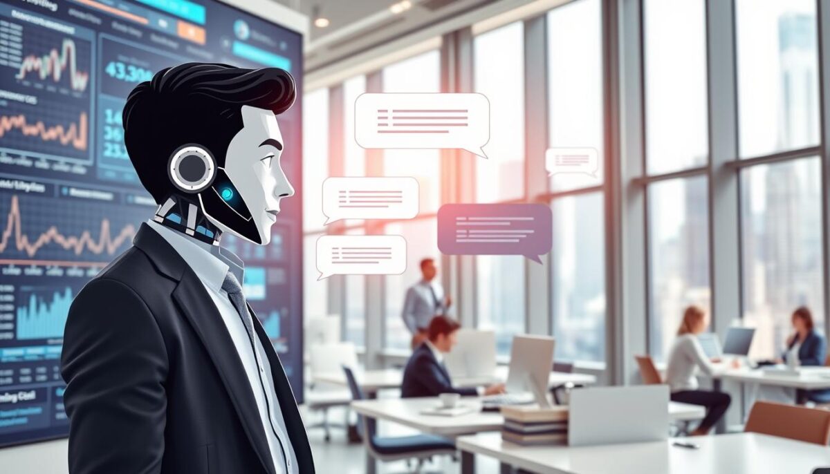 A sleek, modern office setting with a large digital display showcasing various financial data and analytics. In the foreground, a stylized AI chatbot avatar interacts with a well-dressed professional, their conversation displayed in floating dialogue bubbles. The chatbot's interface is intuitive and visually engaging, reflecting the latest advancements in conversational AI for the financial sector. The middle ground features other employees collaborating around desks, while the background depicts the cityscape through floor-to-ceiling windows, conveying a sense of progress and innovation in the banking and insurance industries. Crisp lighting, clean lines, and a minimalist aesthetic create an atmosphere of efficiency and technological sophistication.