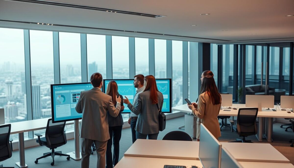 A sleek, modern office setting with a team of professionals collaborating seamlessly on a workflow automation process. In the foreground, a group of employees gathered around a large, interactive display, gesturing animatedly as they review digital dashboards and visualizations. Soft, diffused lighting creates a productive, yet relaxed atmosphere, while the middle ground features rows of desks and ergonomic chairs, suggesting an efficient, organized workspace. In the background, floor-to-ceiling windows offer a panoramic view of a bustling cityscape, underscoring the dynamic, forward-thinking nature of the enterprise. The overall scene conveys a sense of streamlined productivity, innovation, and collaborative success.