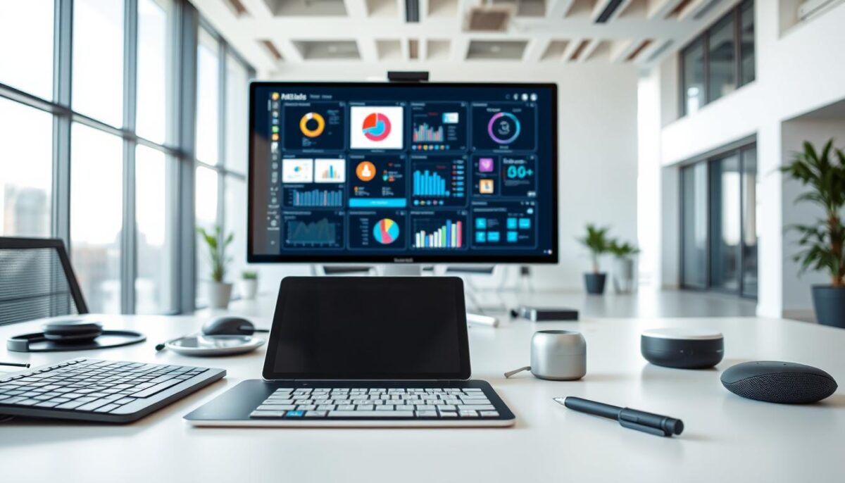 A sleek, modern office setting with an array of digital tools prominently displayed. In the foreground, a tablet and stylus sit on a minimalist desk, surrounded by a wireless keyboard, a smartpen, and a voice-activated digital assistant. The middle ground features a large, high-resolution monitor displaying various data visualization and document management software. In the background, a clean, well-lit space with large windows, allowing natural light to flood the room and create a bright, airy atmosphere. The overall scene conveys a sense of efficiency, organization, and the streamlining of manual data entry tasks.