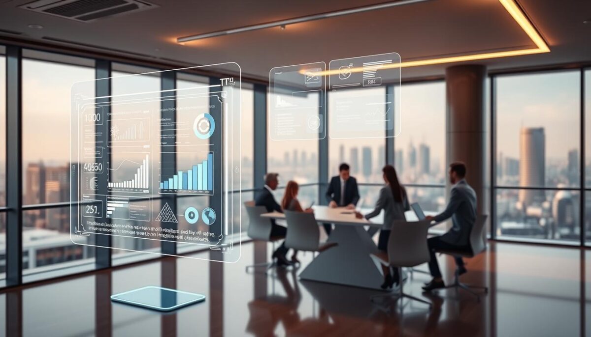 A sleek, modern office setting with intelligent AI-powered workflows seamlessly integrated. In the foreground, a holographic display showcases intuitive data visualizations and process automation. The middle ground features a team of professionals collaborating around a minimalist conference table, digital task boards floating overhead. The background reveals a panoramic city skyline, conveying a sense of technological innovation and progress. Warm, directional lighting from large windows casts a soft glow, creating an atmosphere of efficiency and sophistication. The scene captures the power of AI-driven workflows to optimize business operations and drive remarkable ROI. A sleek, modern office setting with intelligent AI-powered workflows seamlessly integrated. In the foreground, a holographic display showcases intuitive data visualizations and process automation. The middle ground features a team of professionals collaborating around a minimalist conference table, digital task boards floating overhead. The background reveals a panoramic city skyline, conveying a sense of technological innovation and progress. Warm, directional lighting from large windows casts a soft glow, creating an atmosphere of efficiency and sophistication. The scene captures the power of AI-driven workflows to optimize business operations and drive remarkable ROI.
