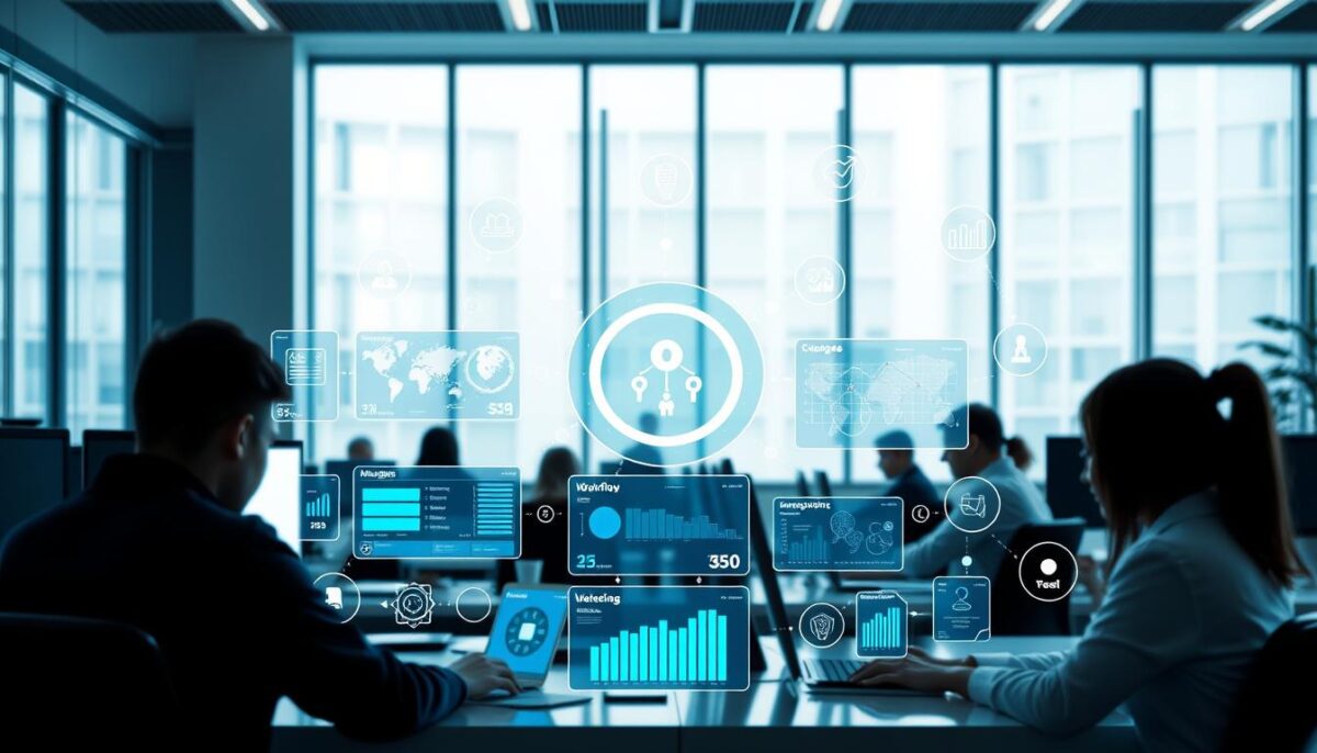 A sleek, modern office setting with minimalist design elements. In the foreground, a group of employees working diligently at their desks, their faces obscured to focus on the workflow and automation processes unfolding around them. In the middle ground, a series of interconnected digital interfaces and dashboards displaying real-time analytics, workflow optimizations, and task automation. The background features floor-to-ceiling windows, allowing natural light to flood the space and create a sense of openness and productivity. The overall atmosphere conveys efficiency, collaboration, and the seamless integration of human and machine intelligence, reflecting the advantages of internal automation.