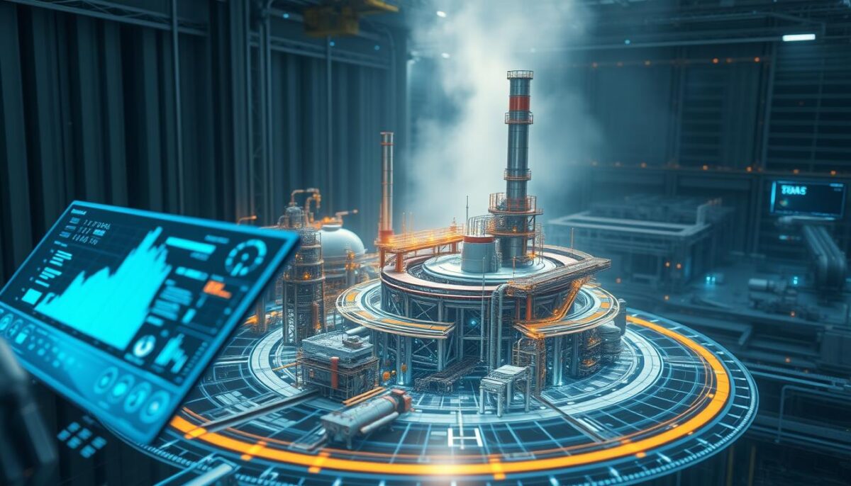 A state-of-the-art digital twin system, showcasing the future of industry and real-time control. In the foreground, a sleek, holographic interface displays dynamic data and analytics, seamlessly integrating the physical and virtual realms. In the middle ground, a photorealistic 3D model of a complex industrial facility rotates, its components and systems meticulously replicated. The background is shrouded in a futuristic, neon-tinged atmosphere, hinting at the immense computational power and interconnectivity that powers this advanced digital twin. Crisp lighting and cinematic camera angles capture the awe-inspiring scale and precision of this transformative technology, poised to revolutionize the way industries operate and adapt.