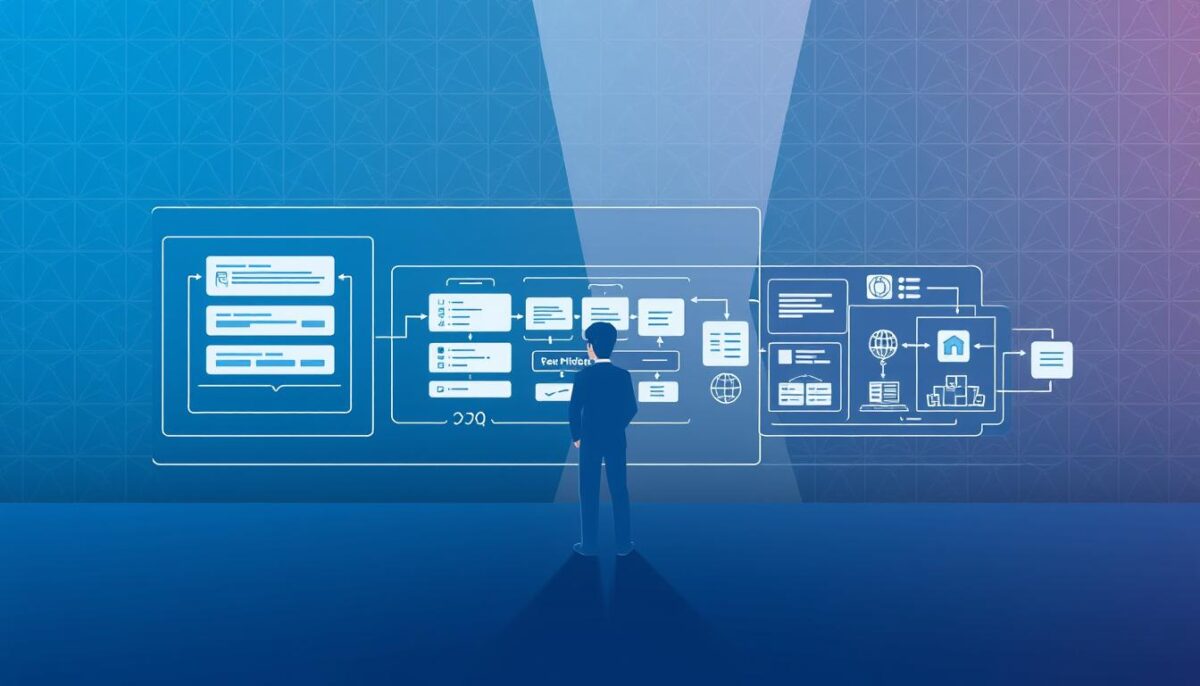 A stylized, technical illustration showcasing the key steps of the HR onboarding automation process. In the foreground, a simplified human figure navigates a sleek, minimalist interface featuring various automation components and workflow stages. The middle ground depicts a series of interconnected modules and data streams, hinting at the complex yet streamlined nature of the system. The background features a subdued, geometric pattern suggestive of efficiency and precision, bathed in a cool, blue-tinted lighting that conveys a sense of professionalism and innovation. The overall composition should strike a balance between functional aesthetics and a touch of conceptual elegance, capturing the essence of the HR automation process. A stylized, technical illustration showcasing the key steps of the HR onboarding automation process. In the foreground, a simplified human figure navigates a sleek, minimalist interface featuring various automation components and workflow stages. The middle ground depicts a series of interconnected modules and data streams, hinting at the complex yet streamlined nature of the system. The background features a subdued, geometric pattern suggestive of efficiency and precision, bathed in a cool, blue-tinted lighting that conveys a sense of professionalism and innovation. The overall composition should strike a balance between functional aesthetics and a touch of conceptual elegance, capturing the essence of the HR automation process.