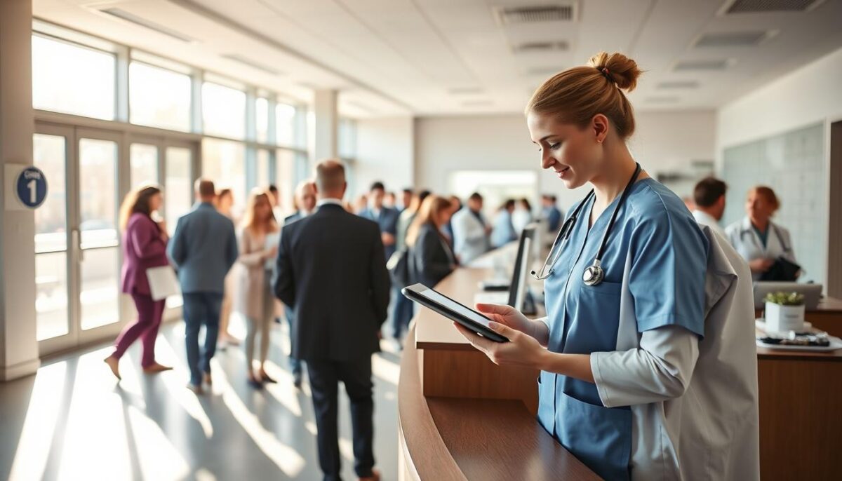 A bustling clinic reception area, patients checking in at the front desk. Sunlight filters through large windows, casting a warm glow. In the foreground, a nurse greets a patient, scheduling their upcoming appointment on a digital tablet. The background shows orderly queues, medical staff in crisp uniforms efficiently managing the workflow. The atmosphere is one of calm organization, a well-oiled machine delivering healthcare services. Minimal clutter, clean lines, and muted colors create a professional, streamlined aesthetic. Subtle use of technology seamlessly integrated into the clinic's operations. The overall scene conveys a sense of productivity, accessibility, and patient-centric service.