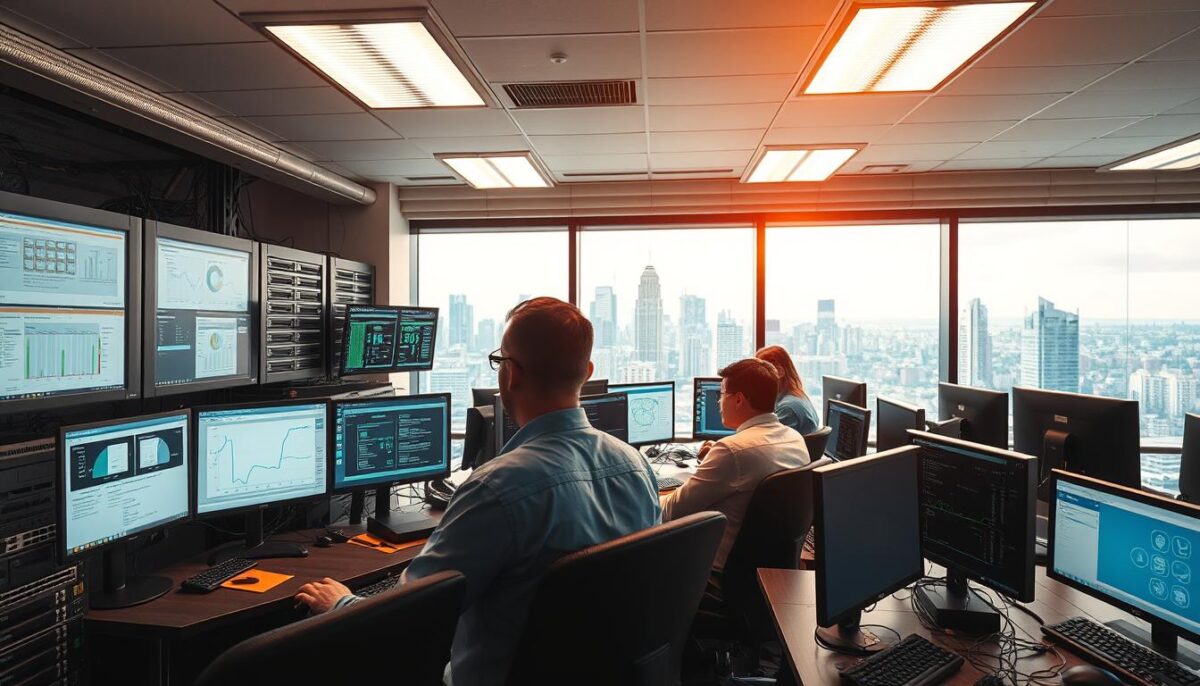 A busy workplace scene with a team of IT professionals intently working on multiple computer screens, servers, and networking equipment. Bright overhead lighting casts a warm glow, creating a sense of productivity and efficiency. In the foreground, a technician deftly configures a rack of servers, while colleagues monitor real-time dashboards on their displays. The middle ground features an array of cables, switches, and routers, all neatly organized and integrated. In the background, a large window provides a vista of a bustling city skyline, hinting at the broader digital landscape this team is tasked with managing and automating. The overall atmosphere conveys a seamless blend of human expertise and advanced technology, perfectly encapsulating the "provisioning automatisé" concept.
