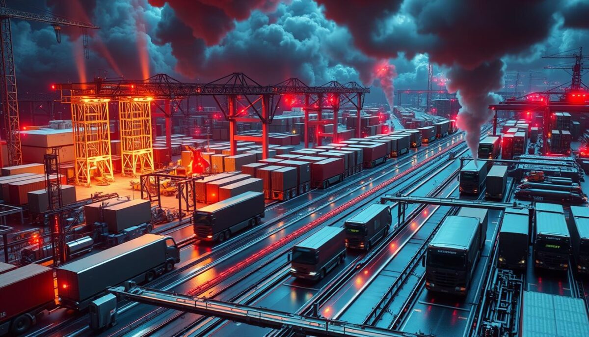 A complex web of interconnected logistics, a supply chain in the digital age, vulnerable to advanced threats. Towering warehouses, automated vehicles, and data streams flow across a sleek, metallic landscape. Ominous shadows loom, as cyber dangers lurk, disrupting the delicate balance. Vibrant colors contrast the harsh realities, a stark reminder of the high stakes involved. Dramatic lighting illuminates the strategic importance, while a sense of unease permeates the scene. Capturing the essence of this critical infrastructure, a masterful blend of technology and vulnerability. A complex web of interconnected logistics, a supply chain in the digital age, vulnerable to advanced threats. Towering warehouses, automated vehicles, and data streams flow across a sleek, metallic landscape. Ominous shadows loom, as cyber dangers lurk, disrupting the delicate balance. Vibrant colors contrast the harsh realities, a stark reminder of the high stakes involved. Dramatic lighting illuminates the strategic importance, while a sense of unease permeates the scene. Capturing the essence of this critical infrastructure, a masterful blend of technology and vulnerability.