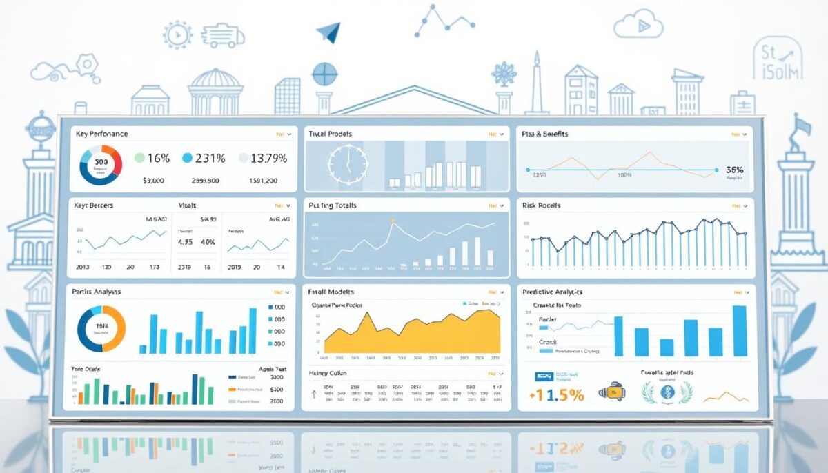 A detailed financial dashboard illuminating the quantified ROI of AI-driven insurance innovations. In the foreground, a clean interface displays key performance metrics, KPIs, and cost-benefit analyses. The middle ground features visualizations of data trends, risk models, and predictive analytics. In the background, a backdrop of stylized financial iconography and architectural elements conveys a sense of institutional trust and technological sophistication. Soft, warm lighting highlights the precision and clarity of the financial insights, creating a professional, forward-looking atmosphere.