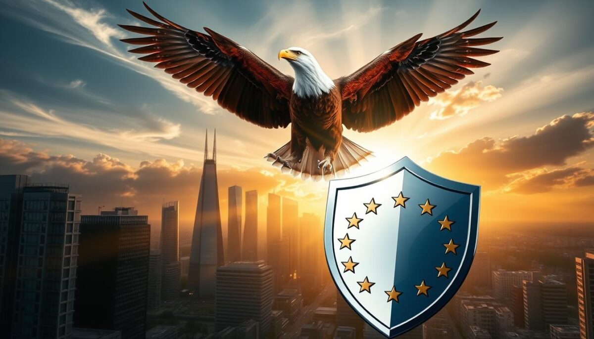 A majestic eagle, its wings outstretched, soaring protectively over a cityscape of sleek high-rises and bustling streets. Streams of golden light filter through wispy clouds, casting a warm, vigilant glow over the scene. In the foreground, a sturdy, gleaming shield emblazoned with the European Union's stars symbolizes the robust cybersecurity regulations safeguarding the critical logistics and last-mile operations. The composition conveys a sense of strength, resilience, and the unwavering commitment to safeguarding strategic activities against advanced threats. A majestic eagle, its wings outstretched, soaring protectively over a cityscape of sleek high-rises and bustling streets. Streams of golden light filter through wispy clouds, casting a warm, vigilant glow over the scene. In the foreground, a sturdy, gleaming shield emblazoned with the European Union's stars symbolizes the robust cybersecurity regulations safeguarding the critical logistics and last-mile operations. The composition conveys a sense of strength, resilience, and the unwavering commitment to safeguarding strategic activities against advanced threats.