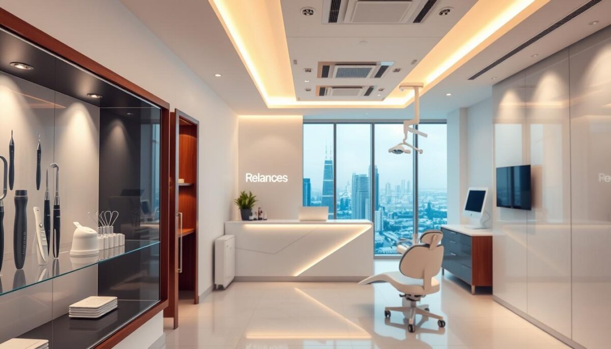 A modern dental office with a sleek, minimalist design. Warm, indirect lighting casts a soft glow on the clean, white surfaces. In the foreground, a glass display showcases various dental tools and equipment, hinting at the advanced technology within. The middle ground features a reception desk with a discreet, backlit sign that reads "Relances". Behind it, large windows offer a view of a bustling city skyline, suggesting a sense of progress and opportunity. The overall atmosphere exudes professionalism, efficiency, and a commitment to patient care.