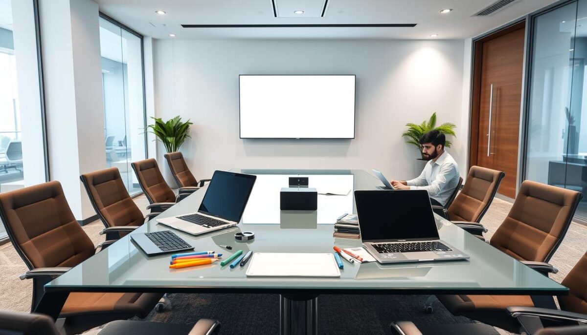 A modern, minimalist office setting with a variety of collaborative tools. The foreground features a sleek, glass conference table surrounded by comfortable, ergonomic chairs. Various digital devices like laptops, tablets, and wireless keyboards are neatly arranged on the table, alongside tactile tools like colored markers, sticky notes, and a small whiteboard. The middle ground showcases a large, interactive display screen mounted on the wall, casting a soft, diffused glow. The background depicts a bright, airy space with large windows allowing natural light to stream in, complemented by subtle, recessed lighting fixtures. The overall atmosphere is one of productivity, innovation, and efficient digital transformation. A modern, minimalist office setting with a variety of collaborative tools. The foreground features a sleek, glass conference table surrounded by comfortable, ergonomic chairs. Various digital devices like laptops, tablets, and wireless keyboards are neatly arranged on the table, alongside tactile tools like colored markers, sticky notes, and a small whiteboard. The middle ground showcases a large, interactive display screen mounted on the wall, casting a soft, diffused glow. The background depicts a bright, airy space with large windows allowing natural light to stream in, complemented by subtle, recessed lighting fixtures. The overall atmosphere is one of productivity, innovation, and efficient digital transformation.