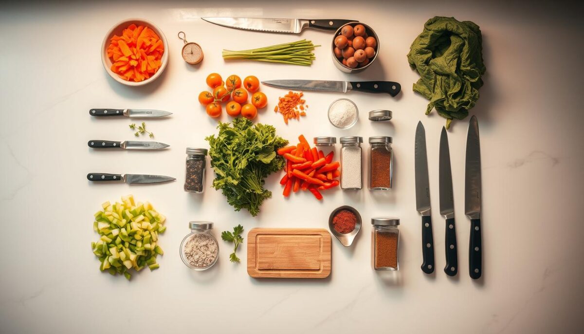 A neatly organized workspace with a variety of culinary tools and ingredients laid out in a symmetrical pattern. The scene is bathed in warm, soft lighting, creating a sense of calm and focus. Freshly chopped vegetables, neatly arranged spice jars, and a set of sharp knives sit atop a clean, white marble countertop. The overall composition exudes a sense of order, efficiency, and attention to detail, reflecting the meticulous "mise en place" methodology for meal preparation.