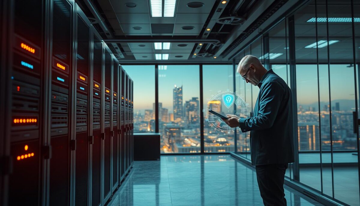 A secure digital fortress, with robust encryption protocols and vigilant monitoring systems. High-resolution, photorealistic rendering of a modern office interior, flooded with warm, directional lighting. In the foreground, sleek servers and network hardware, their status lights blinking reassuringly. In the middle ground, a security analyst intently examining a series of holographic displays, analyzing data flows and threat patterns. The background showcases an expansive cityscape, symbolizing the far-reaching scope of the data protection measures. Subtle tones of steel, glass, and polished granite convey a sense of strength and reliability. The overall atmosphere exudes a controlled, yet dynamic energy, reflecting the delicate balance of safeguarding sensitive information.