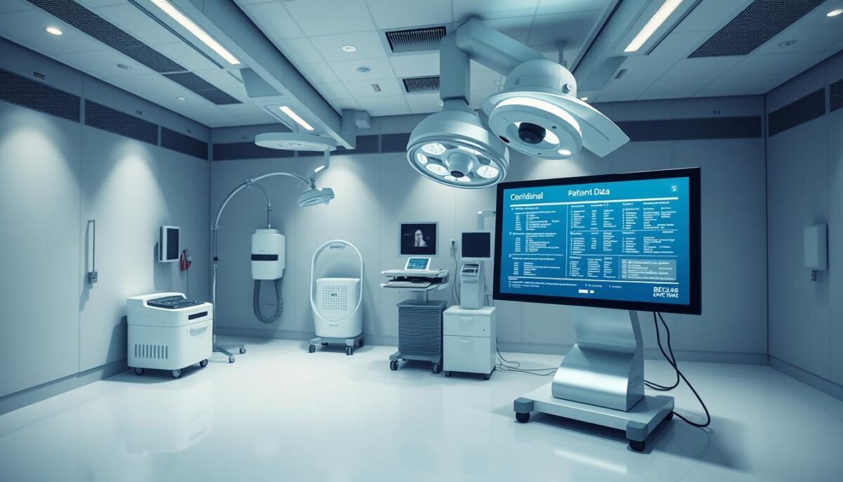 A serene, clinical setting showcasing secure patient data management. Gleaming medical equipment and sterile surfaces convey a sense of technological sophistication and rigorous safety protocols. Soft, directional lighting illuminates sleek digital displays, streamlining access to confidential patient records. The composition emphasizes the importance of data privacy and regulatory compliance, with a minimalist aesthetic that evokes trust and professionalism. Subtle, muted colors and clean lines create a calming, controlled atmosphere, underscoring the high-standard medical practices required for sensitive healthcare information.