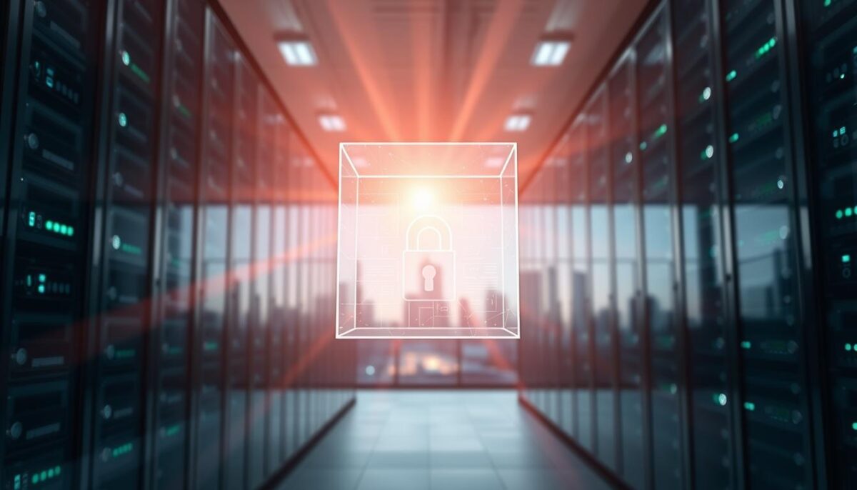 A serene data center, illuminated by a soft, warm glow, stands as a metaphor for the confidentiality and security of digital information. In the foreground, a transparent glass cube hovers, symbolizing the protection of sensitive data. Rays of light filter through, casting intricate patterns on the sleek, minimalist surfaces. In the middle ground, a network of interconnected nodes represents the secure flow of data, while the background features a blurred cityscape, suggesting the broader context of the digital landscape. The overall composition conveys a sense of trust, stability, and the responsible management of confidential information.