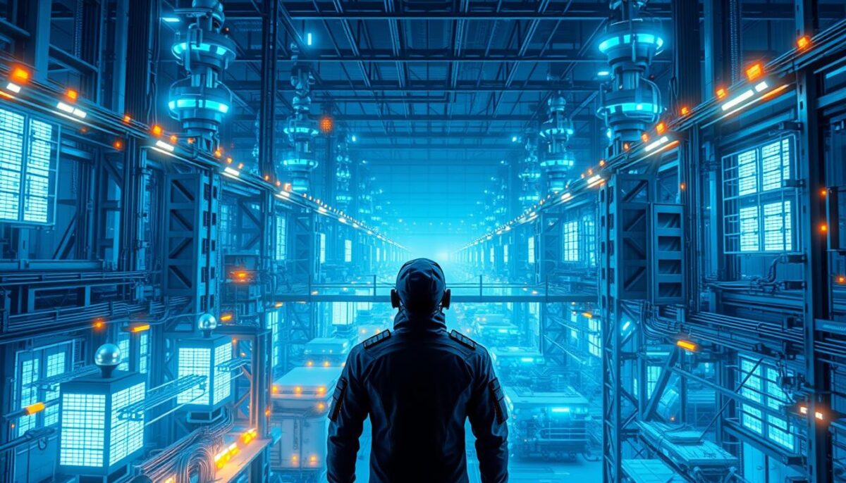 A vast industrial landscape, bathed in an eerie blue glow from the glowing cyber-infrastructure. Intricate networks of cables, servers, and security terminals weave through the scene, protected by towering steel structures and glowing force fields. In the foreground, a lone technician in a sleek protective suit monitors the systems, their face obscured by a high-tech visor. The atmosphere is one of heightened vigilance and technological might, conveying the critical importance of safeguarding this vital industrial ecosystem from cyber threats. A vast industrial landscape, bathed in an eerie blue glow from the glowing cyber-infrastructure. Intricate networks of cables, servers, and security terminals weave through the scene, protected by towering steel structures and glowing force fields. In the foreground, a lone technician in a sleek protective suit monitors the systems, their face obscured by a high-tech visor. The atmosphere is one of heightened vigilance and technological might, conveying the critical importance of safeguarding this vital industrial ecosystem from cyber threats.