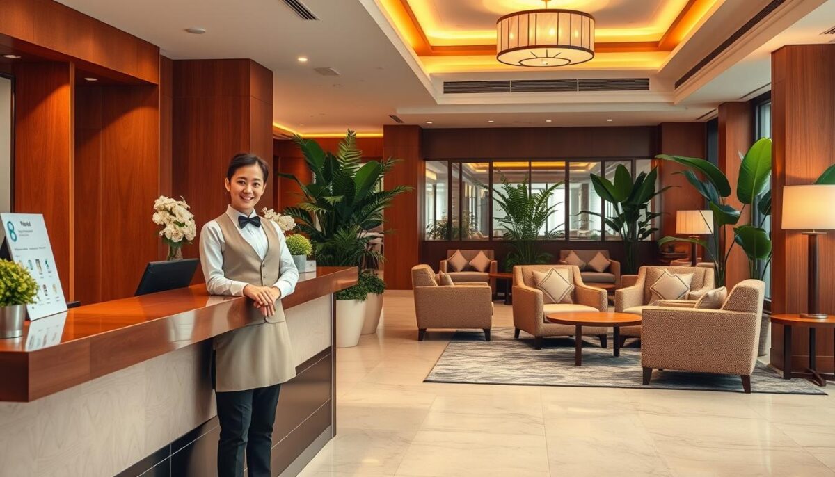 A warm, inviting hotel lobby with a blend of modern and traditional elements. The foreground features a welcoming reception desk, where a polite and attentive hotel staff member greets arriving guests. The middle ground showcases comfortable seating areas with plush sofas and armchairs, creating a cozy atmosphere. The background is filled with lush potted plants, soft lighting, and hints of rich wood tones, conveying a sense of hospitality and personalized service. The overall scene evokes a harmonious collaboration between virtual agents and human staff, providing a seamless and memorable hospitality experience. A warm, inviting hotel lobby with a blend of modern and traditional elements. The foreground features a welcoming reception desk, where a polite and attentive hotel staff member greets arriving guests. The middle ground showcases comfortable seating areas with plush sofas and armchairs, creating a cozy atmosphere. The background is filled with lush potted plants, soft lighting, and hints of rich wood tones, conveying a sense of hospitality and personalized service. The overall scene evokes a harmonious collaboration between virtual agents and human staff, providing a seamless and memorable hospitality experience.