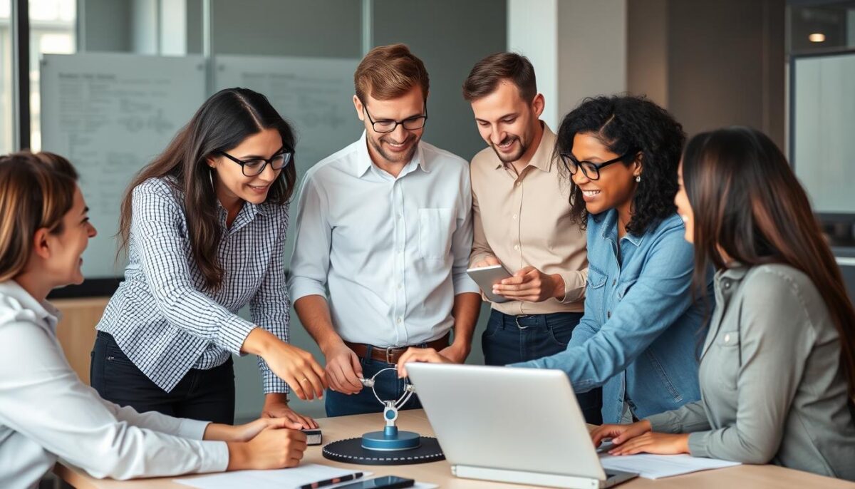 Équipe diverse collaborant sur un projet d'automatisation avec l'intelligence artificielle Équipe diverse collaborant sur un projet d'automatisation avec l'intelligence artificielle