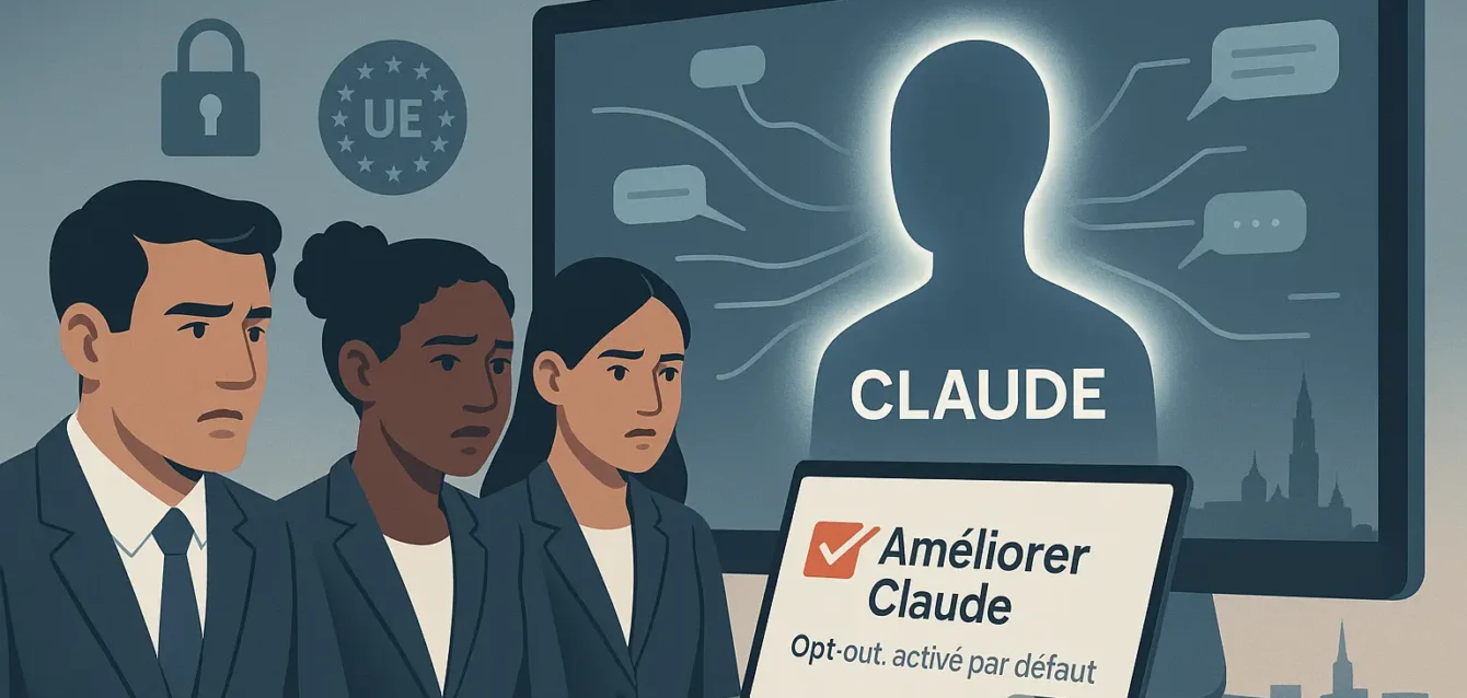 Illustration montrant une IA nommée Claude analysant des conversations professionnelles avec une case "Améliorer Claude" activée, employés inquiets au premier plan