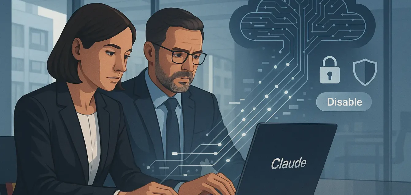 Dirigeants belges devant un ordinateur montrant Claude, flux de données et icônes de confidentialité