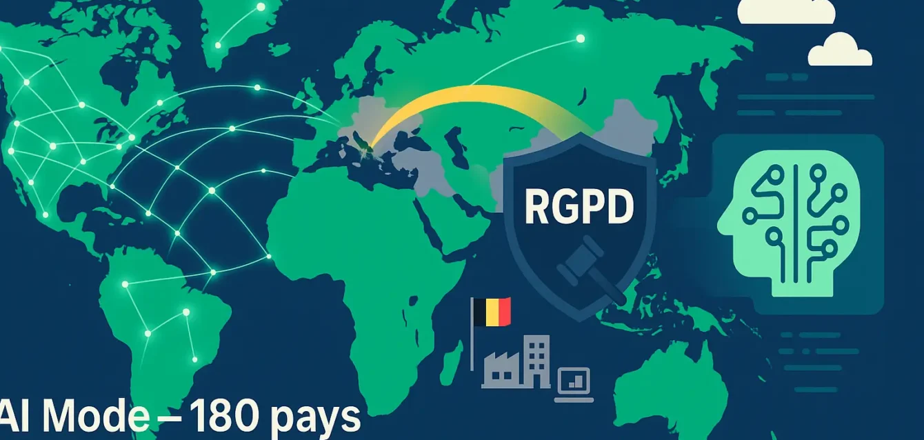 Google active son AI Mode dans 180 pays — l'Europe exclue, opportunités pour les PME belges. Carte stylisée montrant 180 pays avec l'Europe grisée et protégée par un bouclier RGPD, un drapeau belge et icônes PME illustrant des solutions IA locales